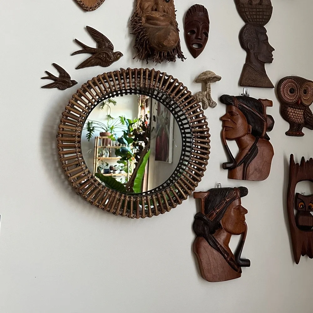 Vintage Round Rattan Wall Mirror by Umbra Matt Carr MCM Boho Brown